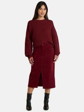 Time and Tru Burgundy Corduroy Midi Skirt with Front Slit